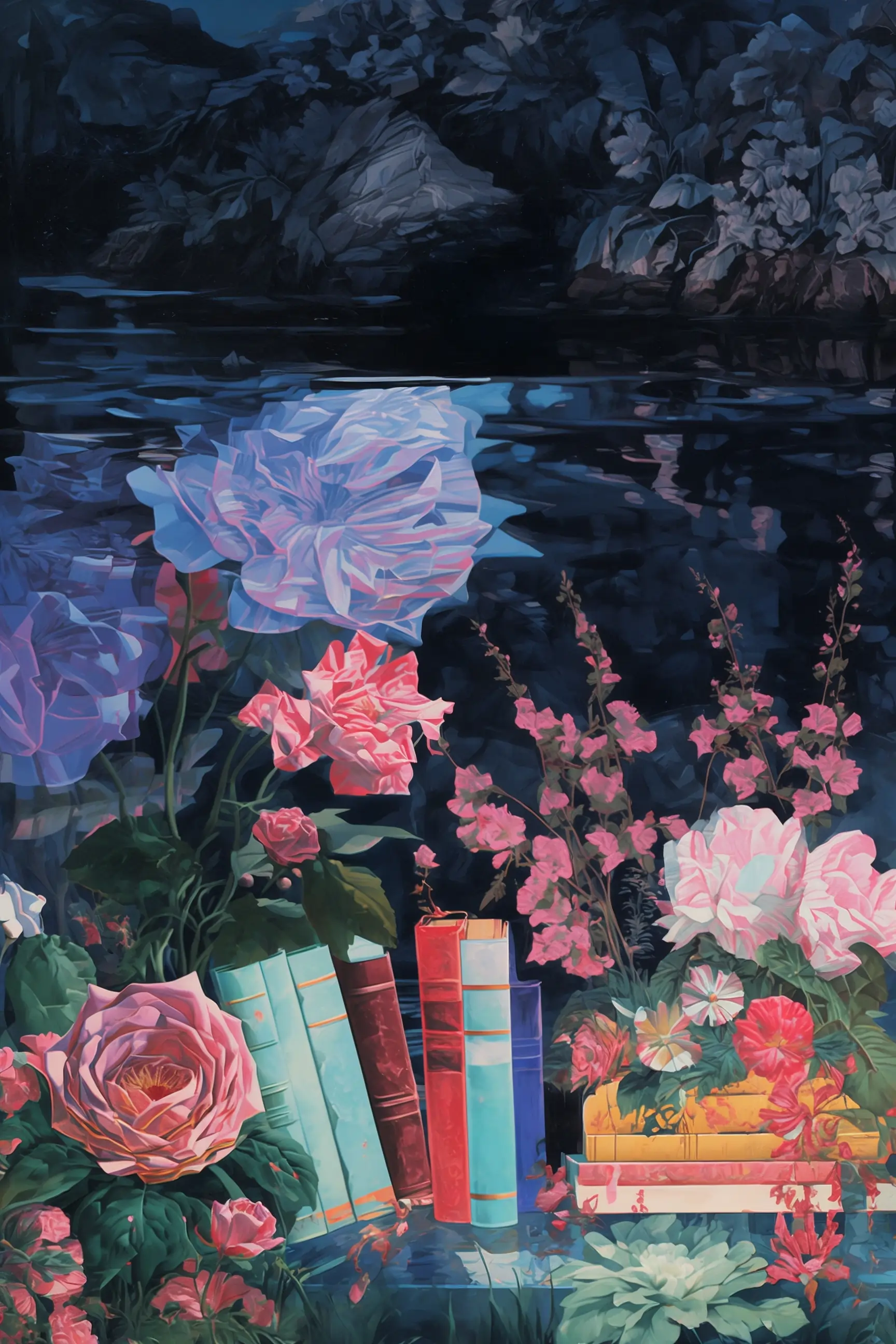 Books and sculpture surrounded by flowers